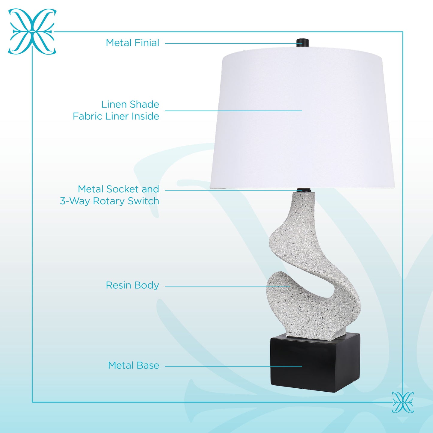 Sculpted Waves Resin & Metal Table Lamp (Set of 2) - White Stone / Matte Black