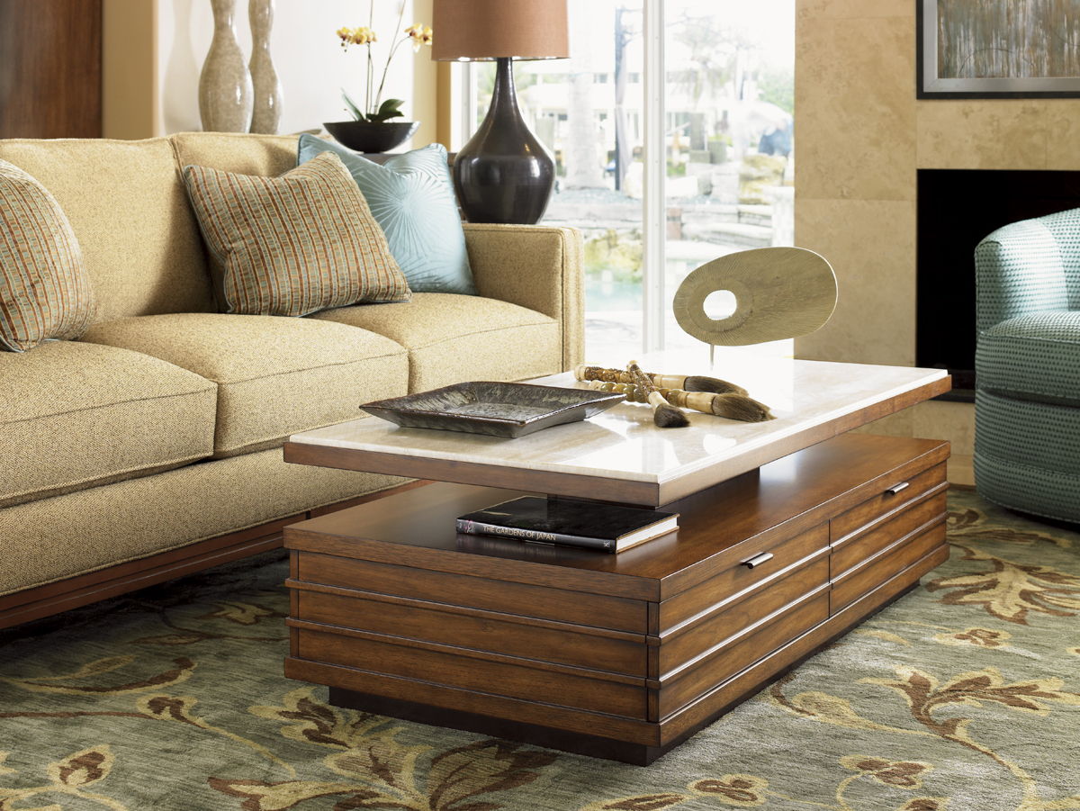 Ocean Club - Solstice Cocktail Table With Stone Top - Dark Brown / Beige