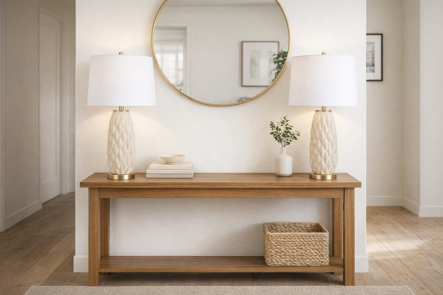 Textured Leaves Carved Ceramic & Metal Table Lamp (Set of 2) - Beige / Soft Gold