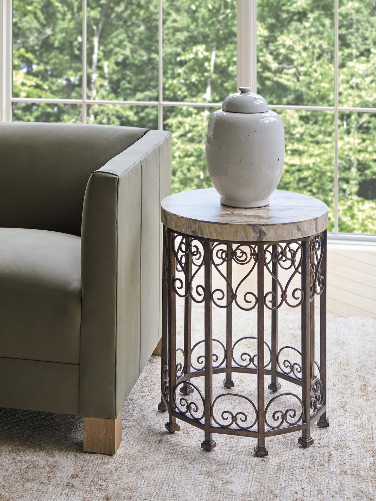 Montecito - Lowery Round Metal Accent Table - Beige / Dark Brown
