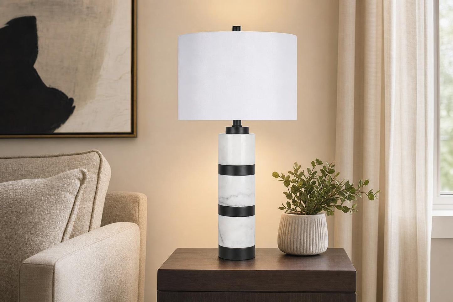 "Marble Harmony" Marble Table Lamp - White Marble / Matte Black