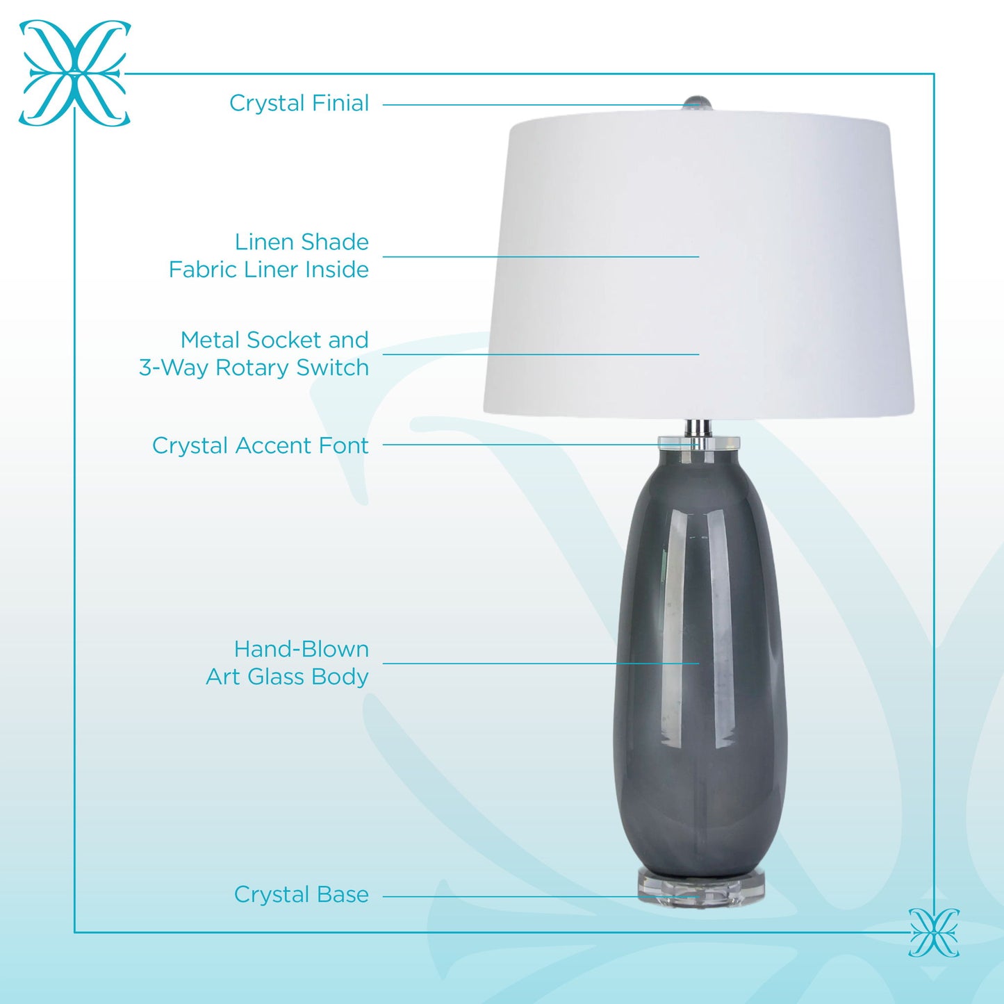 Crystal Breeze Art Glass & Crystal Table Lamp (Set of 2) - Gray Cloud / Clear Crystal
