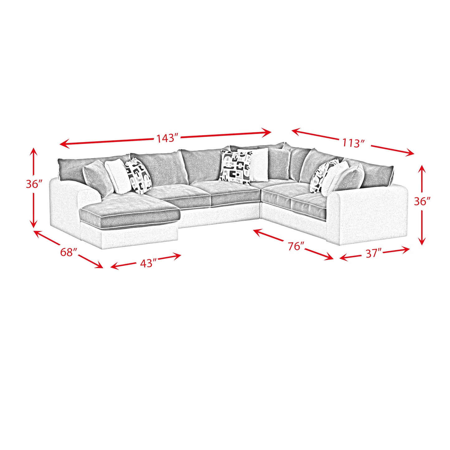 Klein - LHF Armless Return Sofa With 3 Pillows - Bentley Ash / Zaftig Ebony