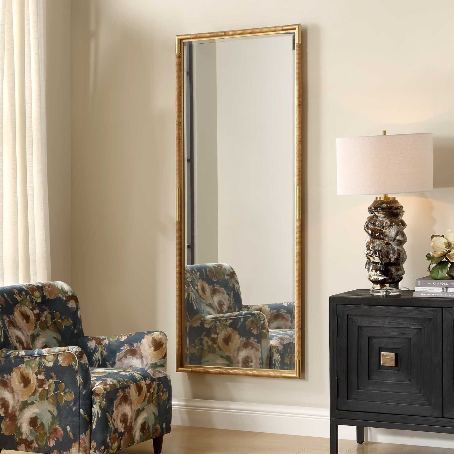 Kampar - Full Length Rattan Tall Mirror - Gold / Woodtone