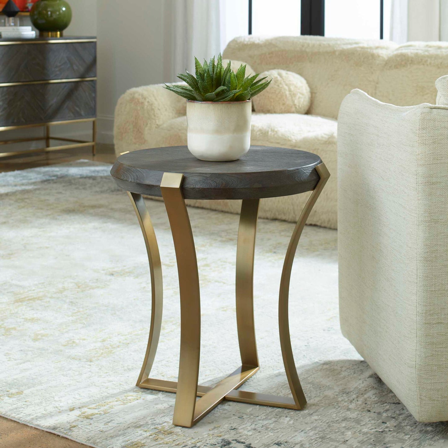 Unite - Brass Leg Wood Side Table - Dark Brown