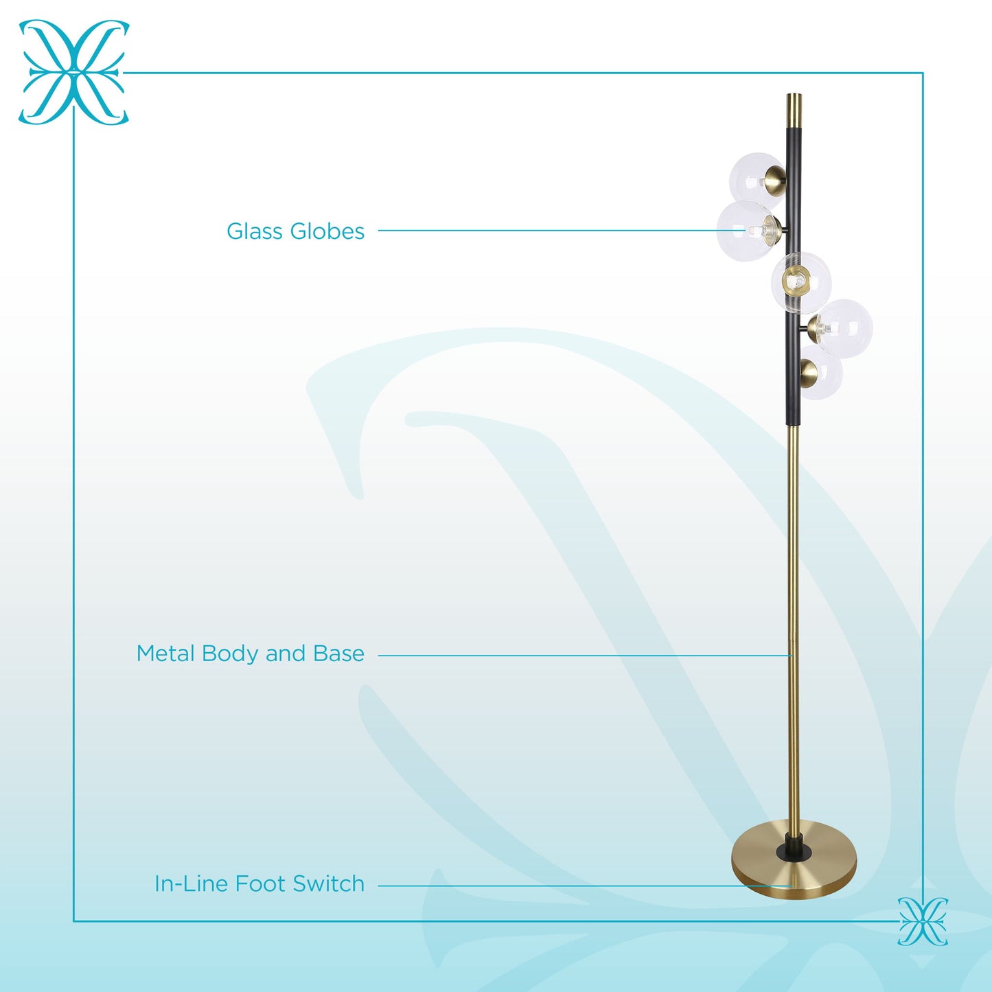 "Luminous Orbit" Metal Floor Lamp - Matte Black / Soft Gold / Clear