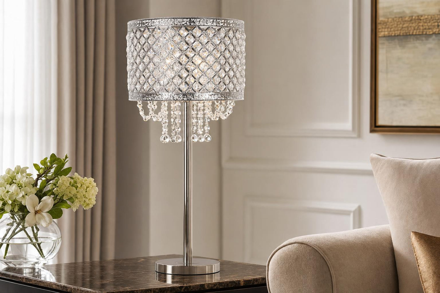 "Crystal Elegance II" Metal Table Lamp (Set of 2) - Polished Nickel / Clear Crystal