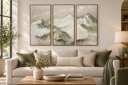 Sage Summit - 60 X 40 - Hand-Embellished Canvas Triptych In Frame - Ivory, Sage Green, Beige