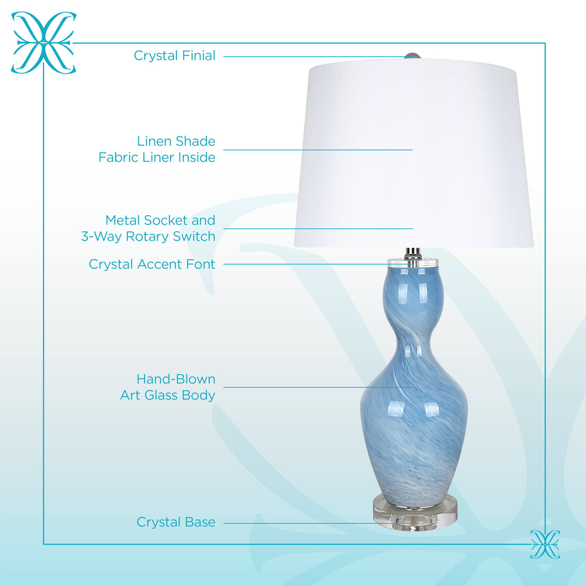 "Azure Elegance" Art Glass Table Lamp (Set of 2) - Blue Art Glass