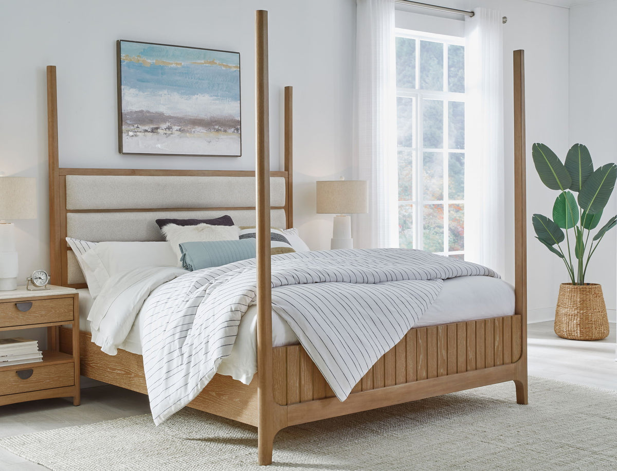 Escape - Bedroom King Poster Upholstered Headboard - Glazed Natural Oak / Mirage Mist