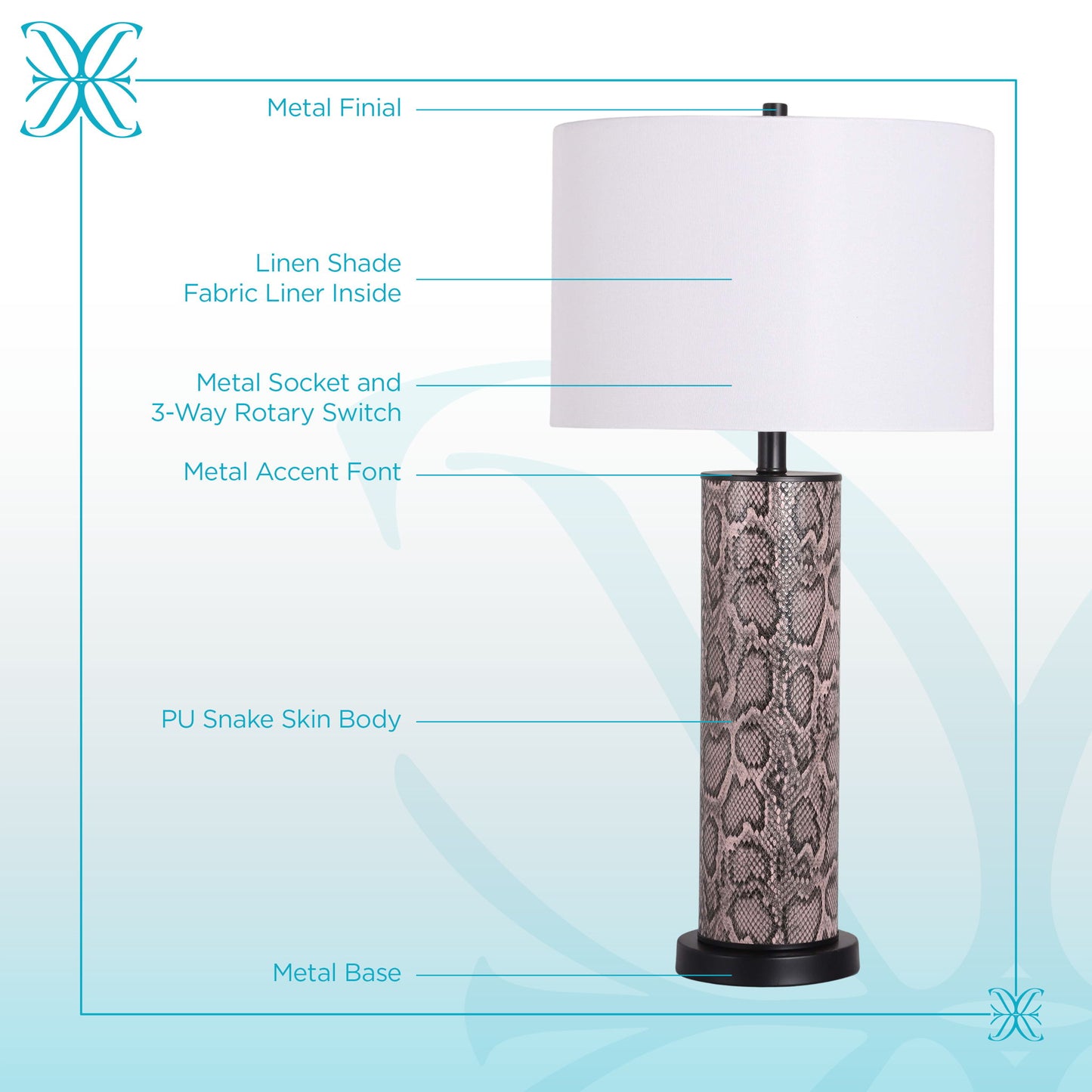 "Serpent Elegance" Faux Leather Table Lamp With Metal Base (Set of 2) - Snake Skin / Asb Gray