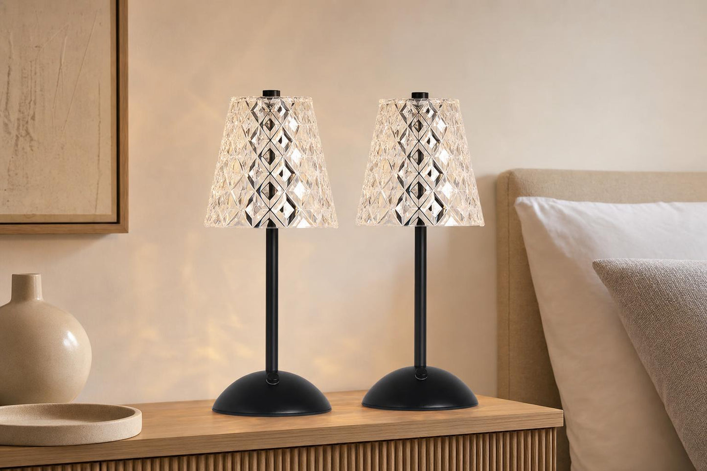 "Crystal Radiance I" Rechargeable LED Metal Accent Lamp (Set of 2) - Matte Black / Clear Gray