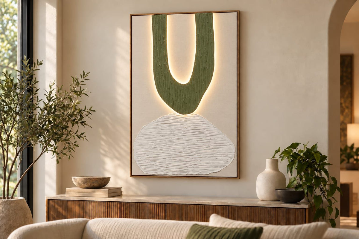 Mosslight Balance II - 32 X 47 - Hand-Painted Neon Canvas In Frame - Olive Green