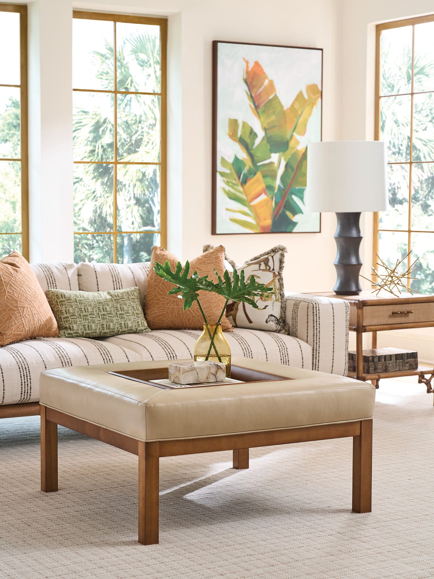 Lexington Leather - Crandon Park Leather Ottoman - Light Brown / Dark Brown