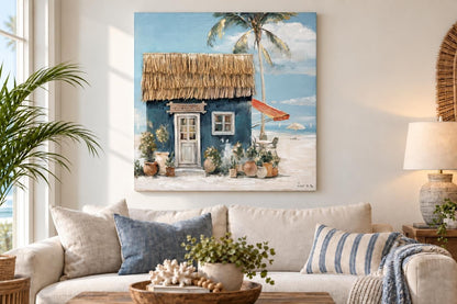 Salt Air Café - 40 X 40 - Hand-Embellished Wrapped Canvas With Raffia Grass - Blue