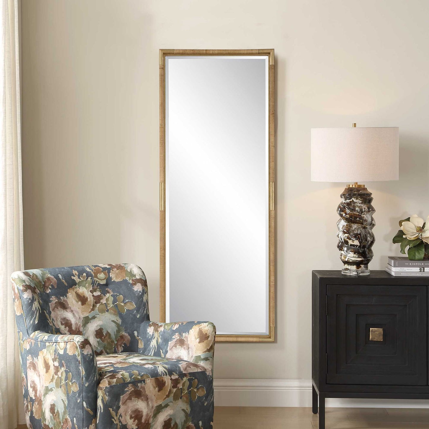 Kampar - Full Length Rattan Tall Mirror - Gold / Woodtone