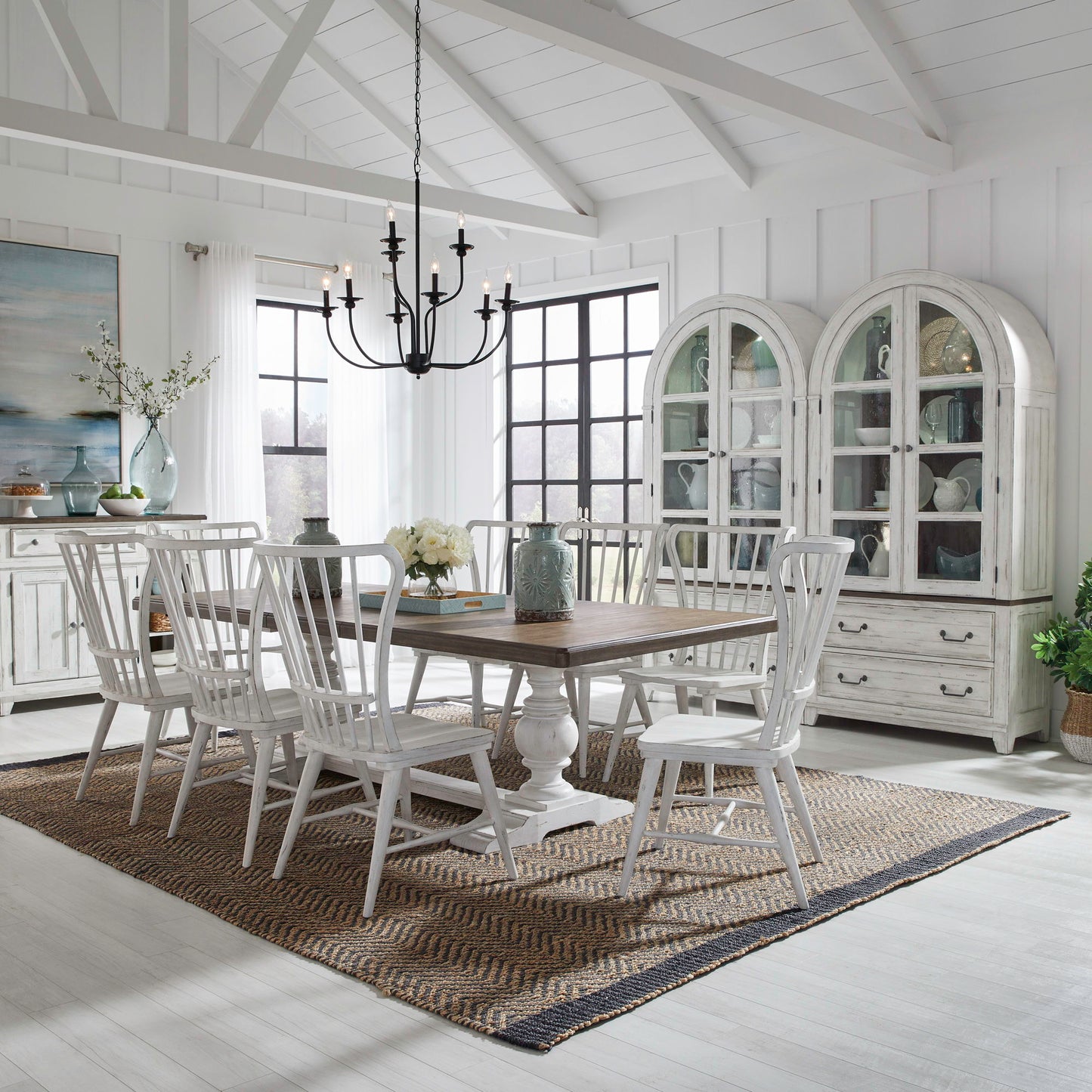 River Place - 9 Piece Trestle Table Set - Riverstone White & Tobacco