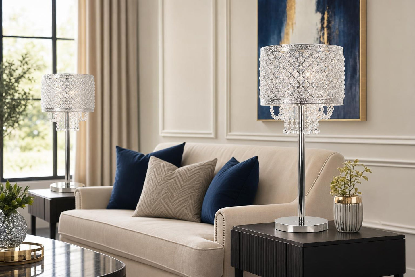 "Crystal Elegance II" Metal Table Lamp (Set of 2) - Polished Nickel / Clear Crystal