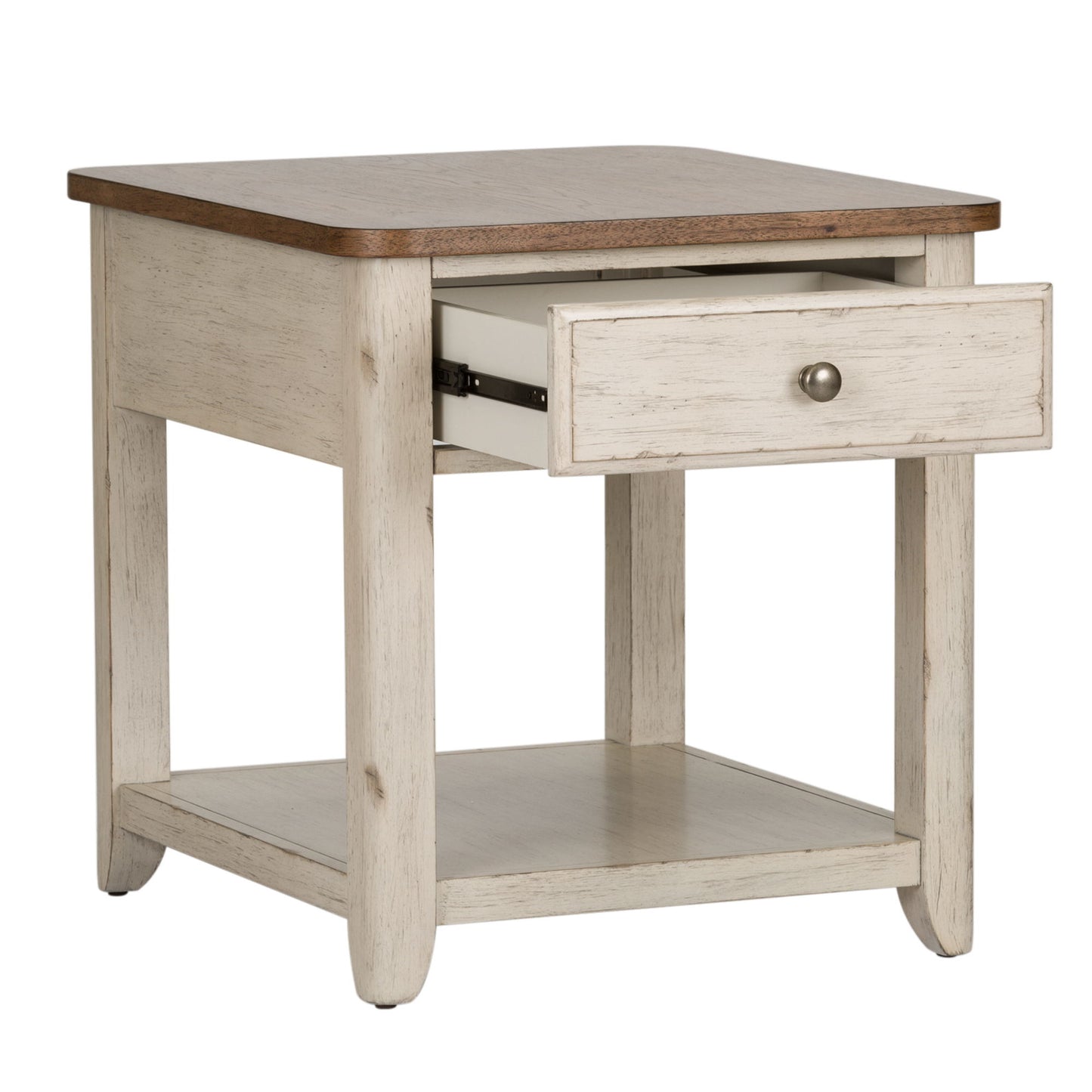 Farmhouse Reimagined - End Table With Basket - Antique White / Chestnut Tops