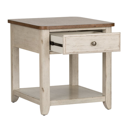 Farmhouse Reimagined - End Table With Basket - Antique White / Chestnut Tops