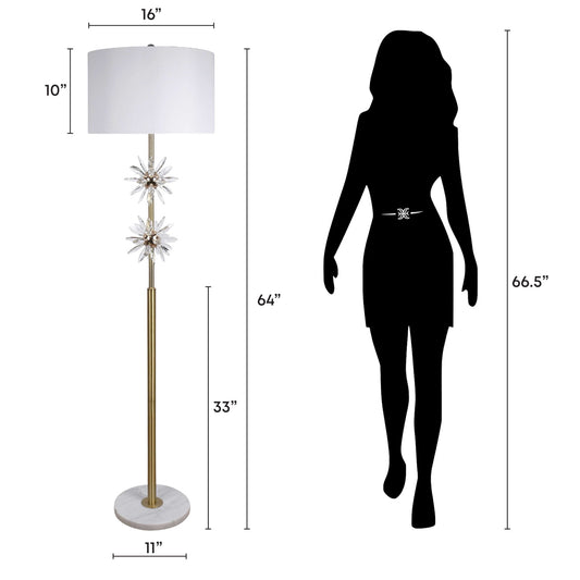 "Crystal Bloom I" Metal And Crystal Floor Lamp - Soft Gold / Clear Crystal / White Marble