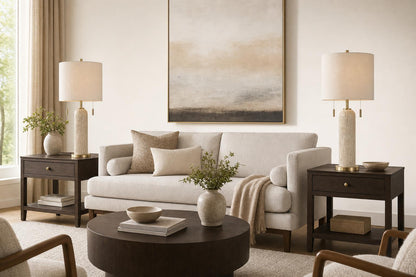 "Travertine Elegance" Travertine Table Lamp (Set of 2) - Travertine / Soft Gold