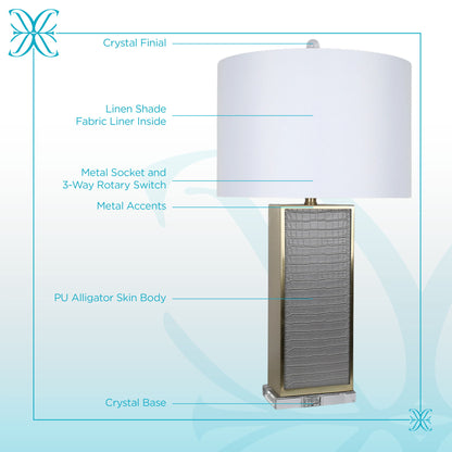 Gator Luxe PU Alligator Leather, Crystal & Metal Table Lamp (Set of 2) - Gray Gator Pu / Soft Gold