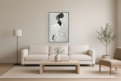 "Elegant Silhouette I" Hand-Painted With Rocks In Frame - Gray / Black / Rock