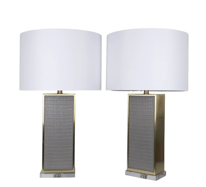 Gator Luxe PU Alligator Leather, Crystal & Metal Table Lamp (Set of 2) - Gray Gator Pu / Soft Gold
