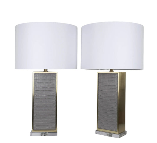 Gator Luxe PU Alligator Leather, Crystal & Metal Table Lamp (Set of 2) - Gray Gator Pu / Soft Gold