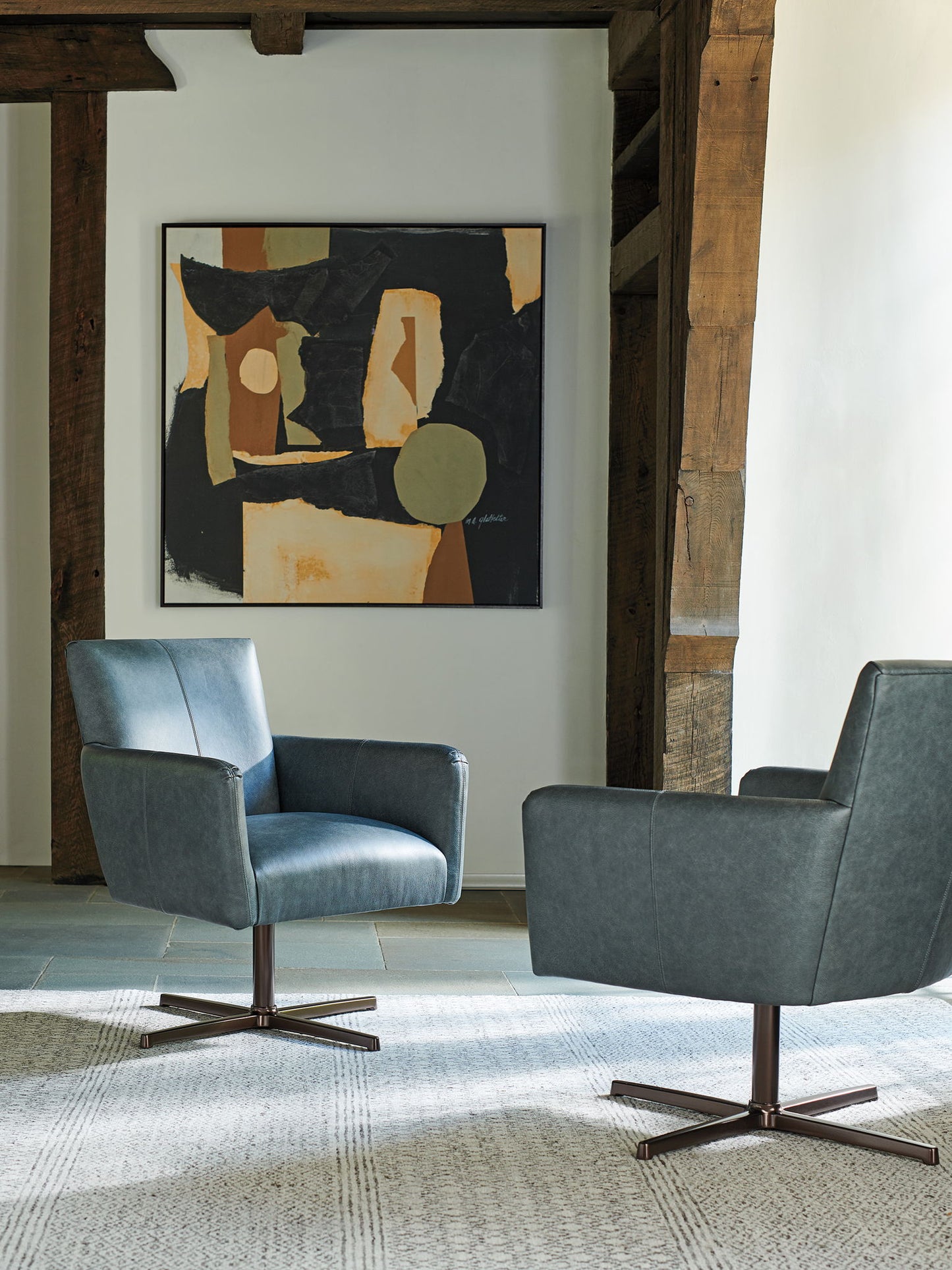 Barclay Butera Upholstery - Brooks Leather Swivel Chair - Dark Gray / Bronze