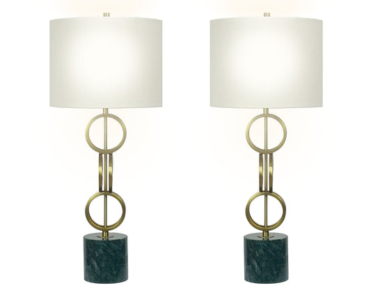 "Marble Harmony" Metal Table Lamp On Marble Base (Set of 2) - Green Marble / Matte Golden Bronze