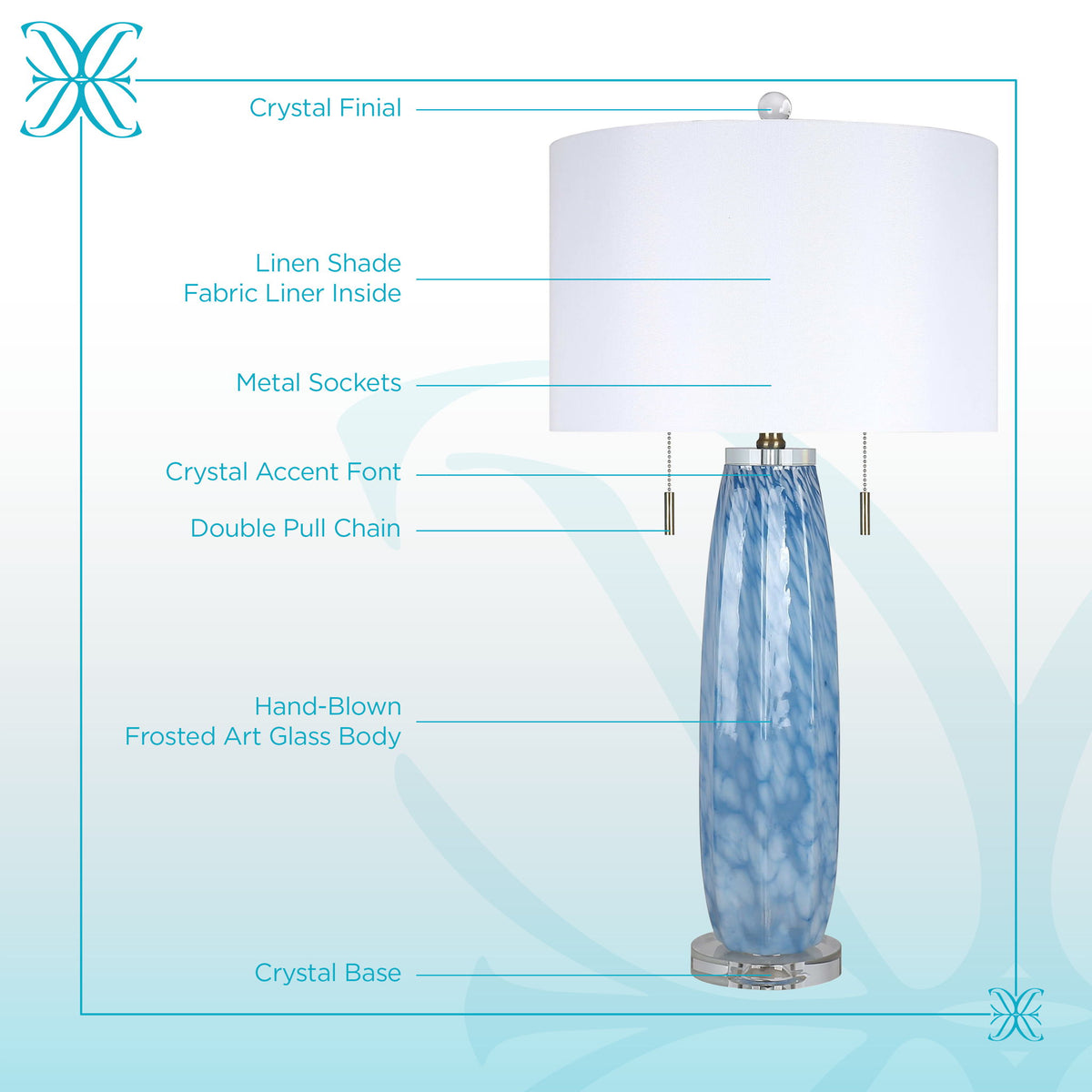 "Azure Display" Art Glass Table Lamp (Set of 2) - Blue Art Glass / Clear Crystal / Soft Gold