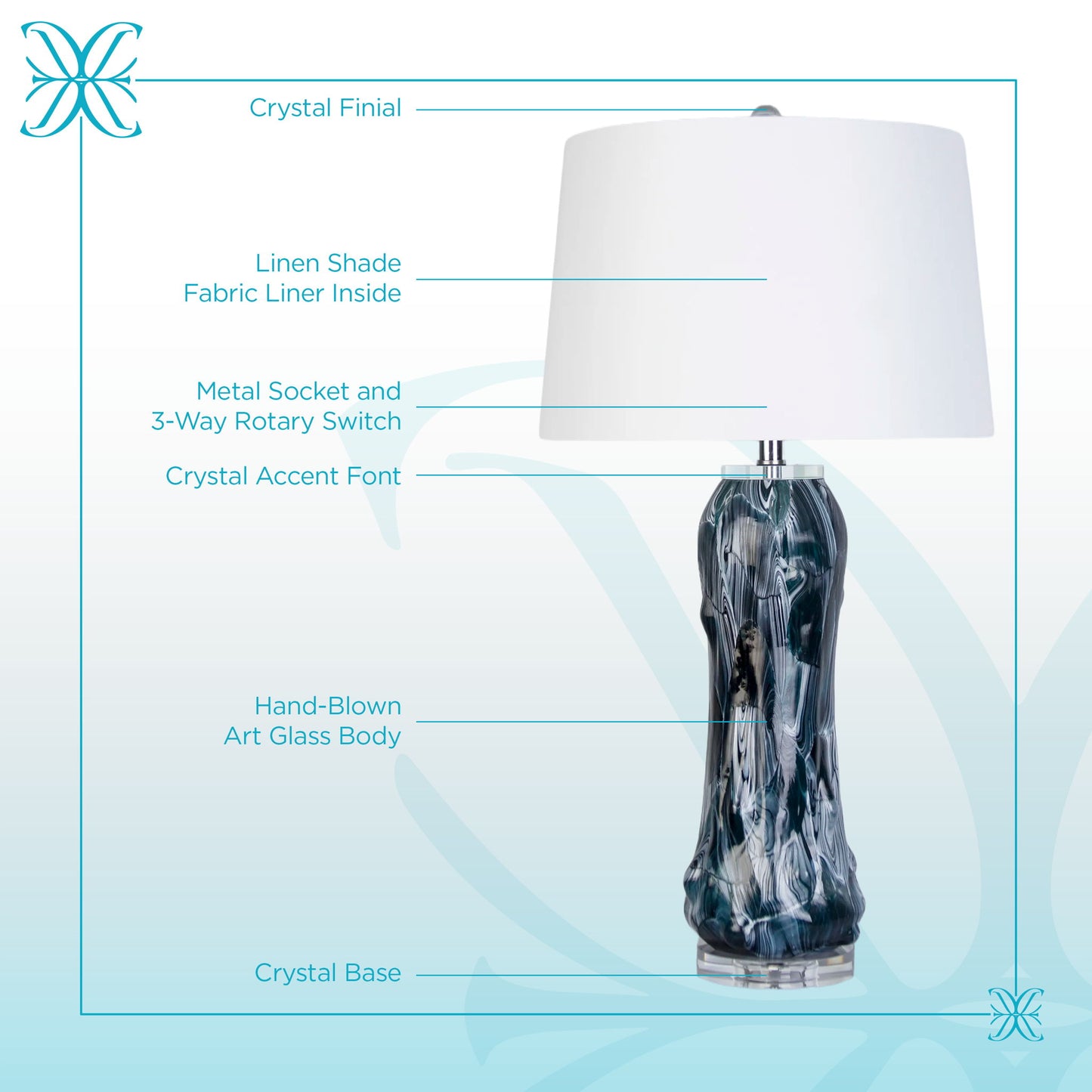 Tidal Elegance Art Glass & Crystal Table Lamp (Set of 2) - Deep Sea Swirl / Clear Crystal