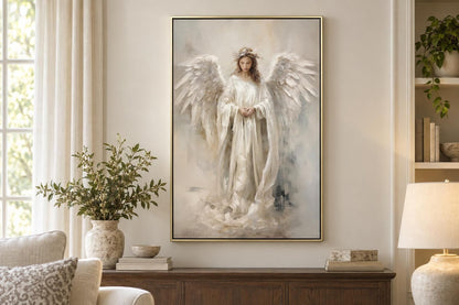 Angel Of Quiet Light - 30 X 44 - Hand-Embellished Canvas In Frame - Ivory, Beige, Gray