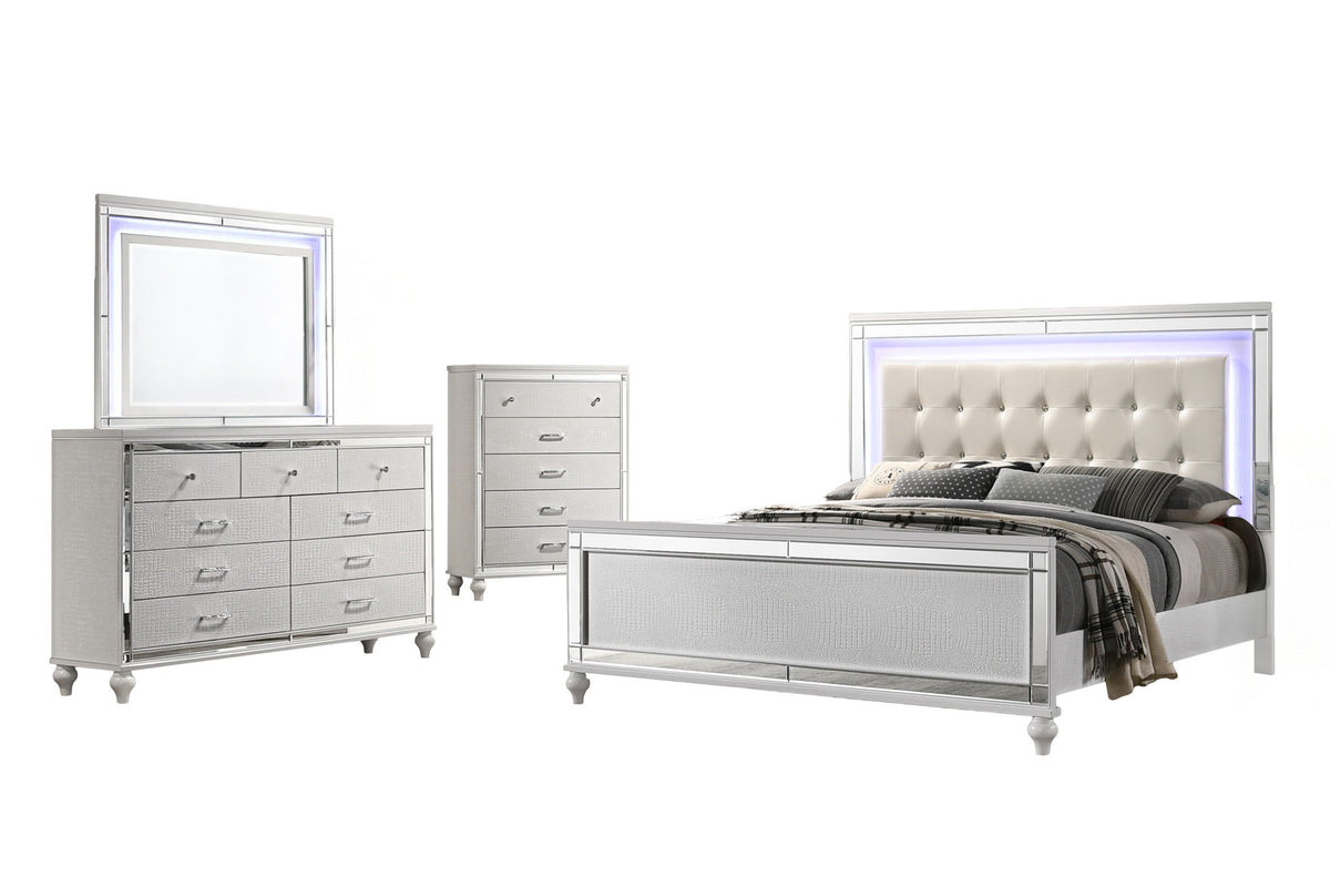 Valentino - Queen 4 Piece Bedroom Set(Bed, Dresser, Mirror, Chest) - White