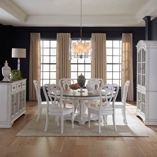 Magnolia Manor - 7 Piece Round Ped Table Set (Splat Back Side Chair) - Antique White