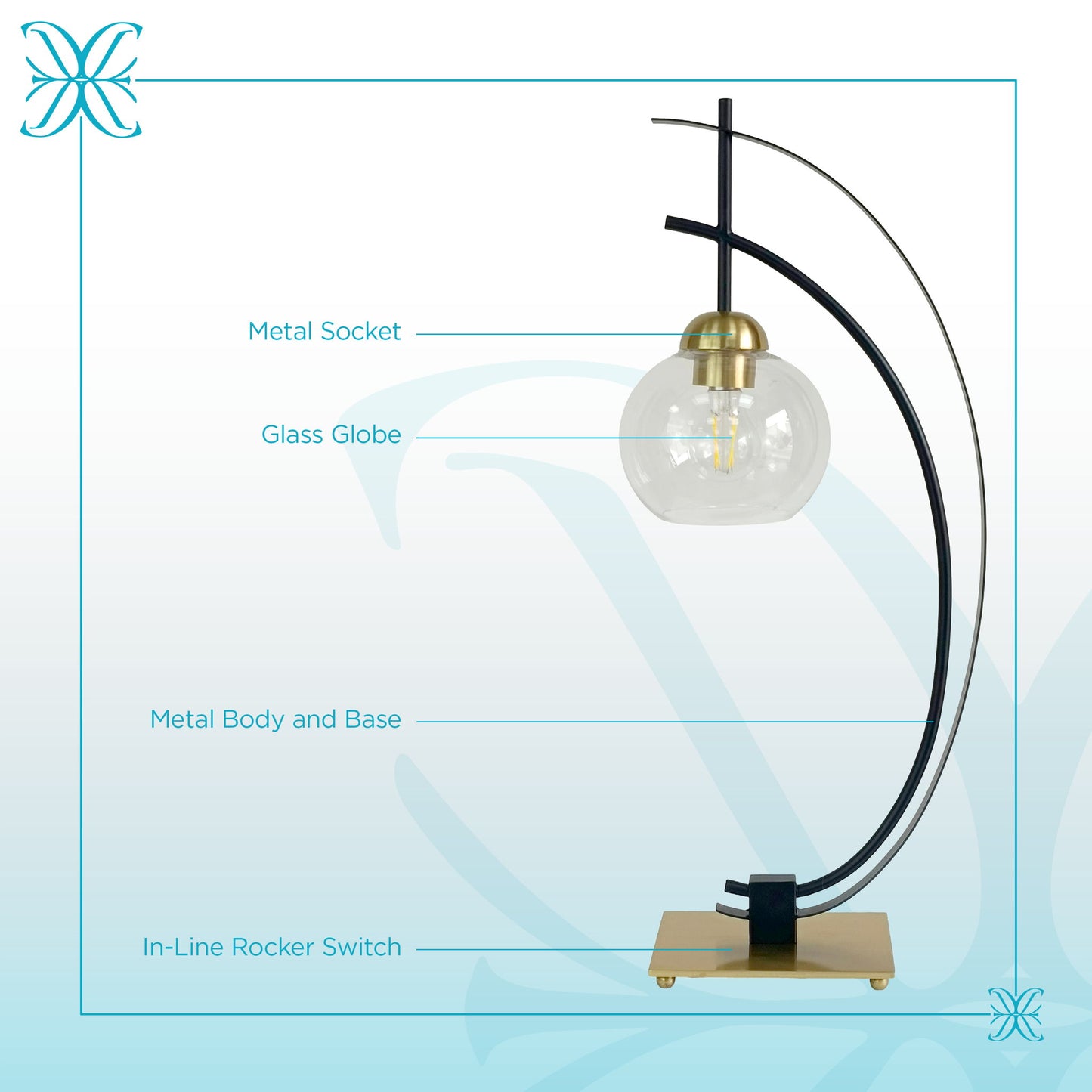 "Eclipse Aura" Metal Table Lamp With Glass Globe (Set of 2) - Matte Black / Gold / Clear Glass