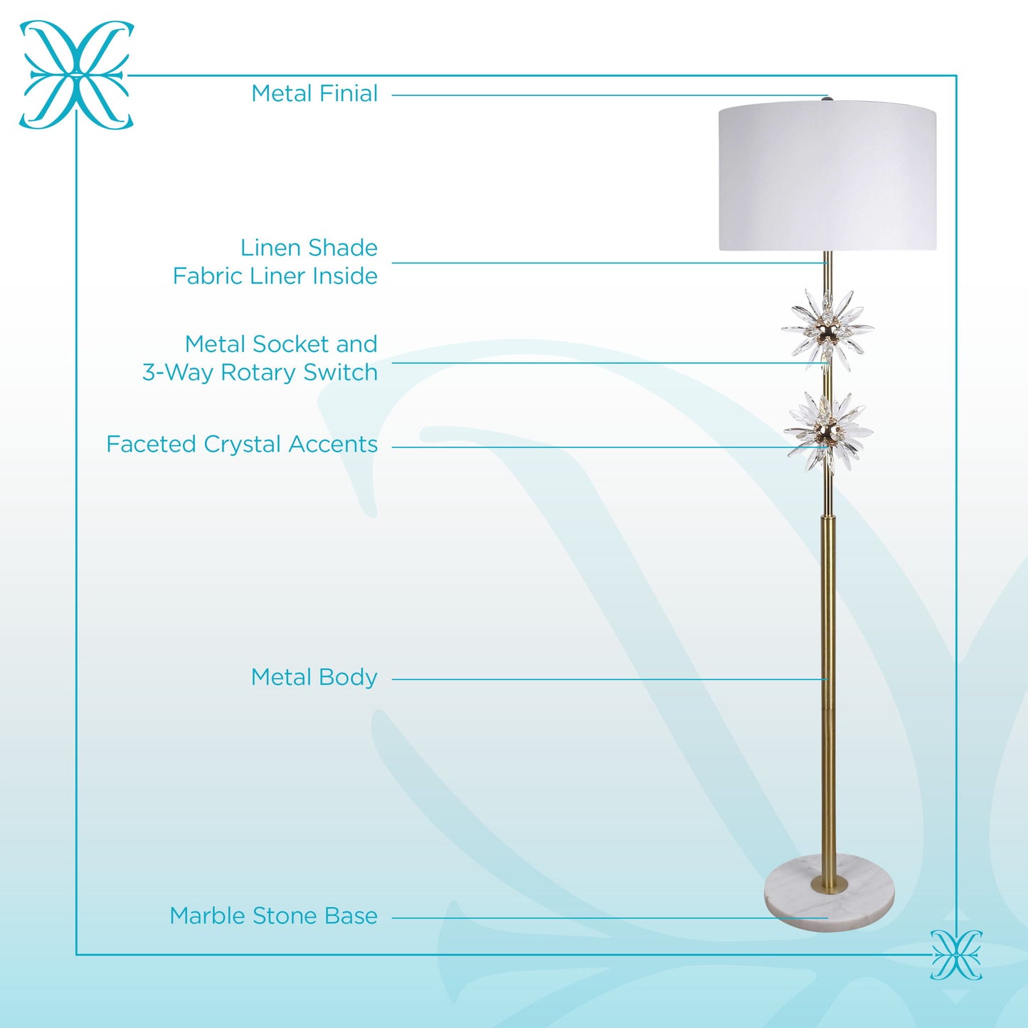 "Crystal Bloom I" Metal And Crystal Floor Lamp - Soft Gold / Clear Crystal / White Marble