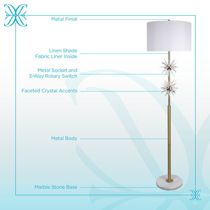 "Crystal Bloom I" Metal And Crystal Floor Lamp - Soft Gold / Clear Crystal / White Marble