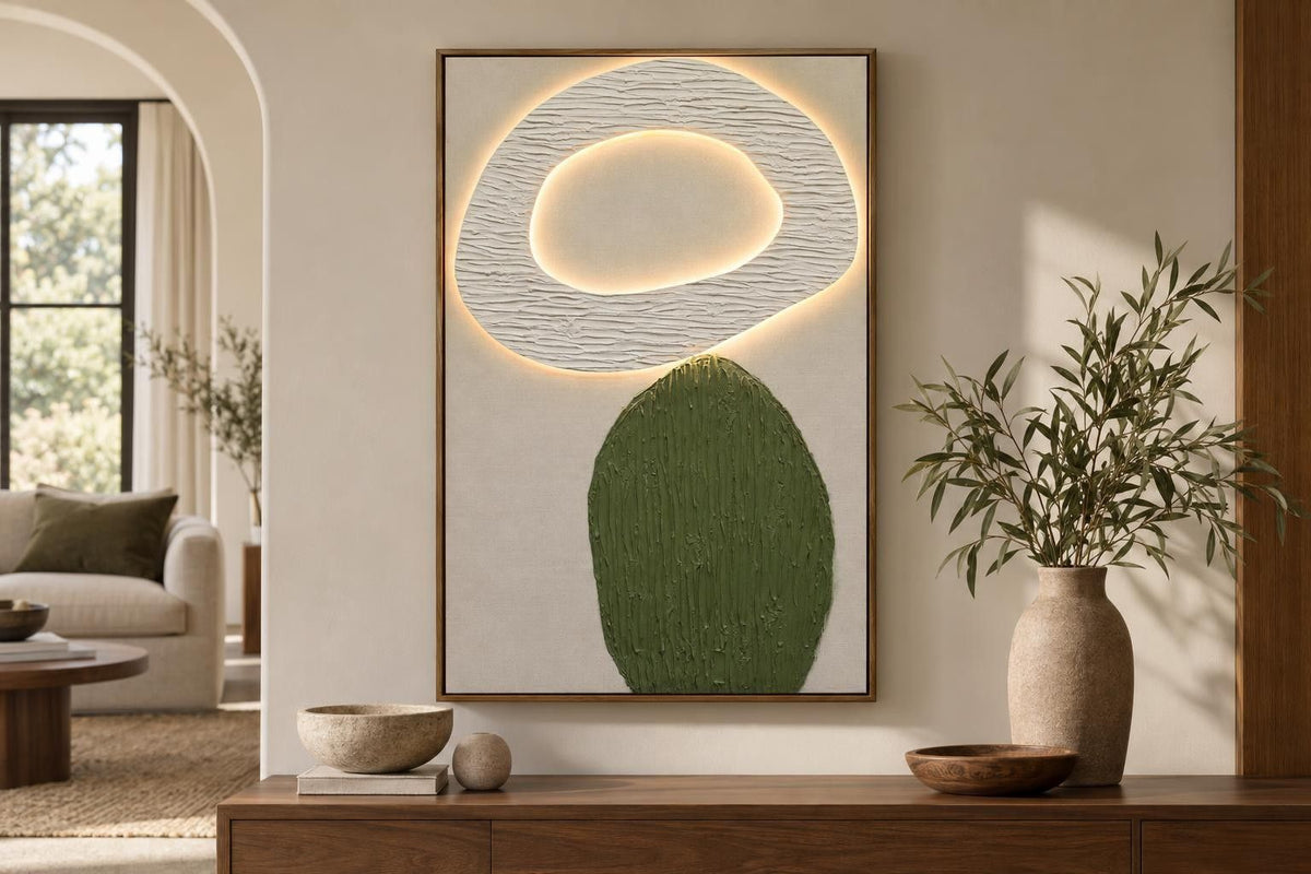 Mosslight Balance I - 32 X 47 - Hand-Painted Neon Canvas In Frame - Olive Green