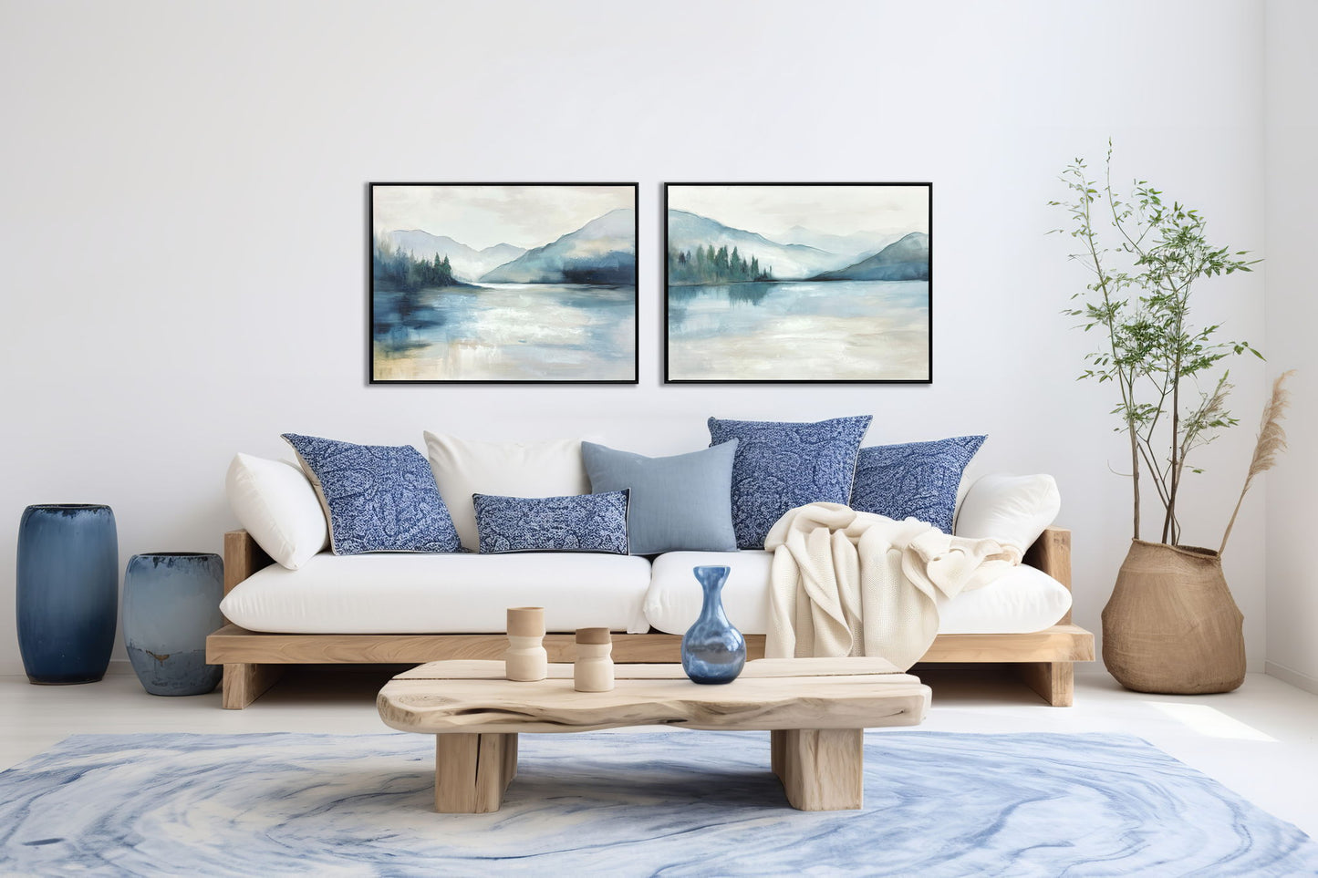 "Serene Reflections I" Hand-Embellished Canvas In Frame - Blue / Green / White / Black