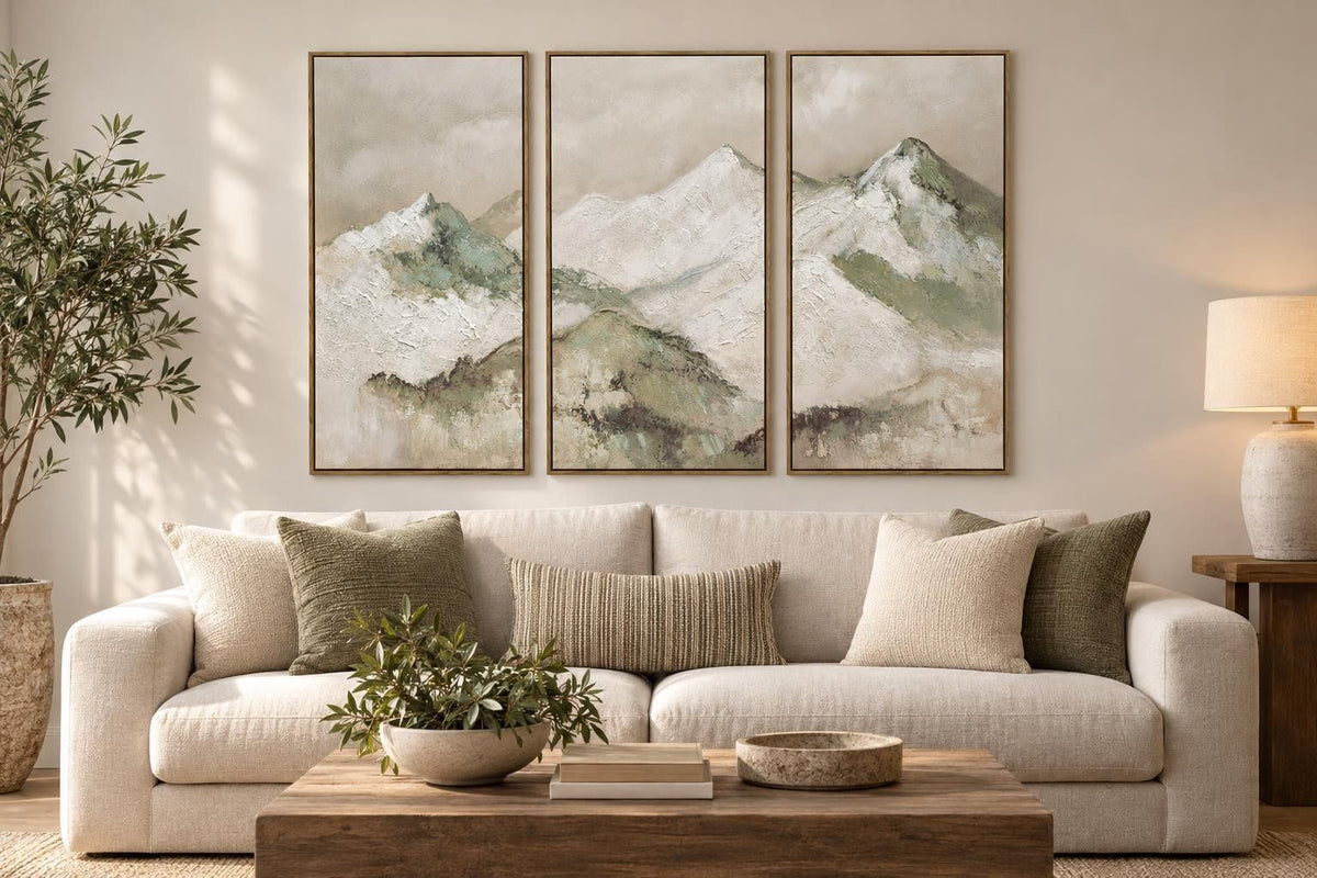 Sage Summit - 60 X 40 - Hand-Embellished Canvas Triptych In Frame - Ivory, Sage Green, Beige