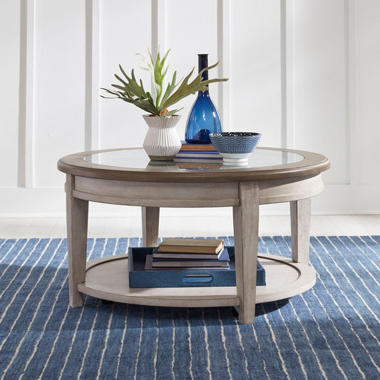 Heartland - Round Ceiling Tile Cocktail Table - Antique White / Tobacco Tops