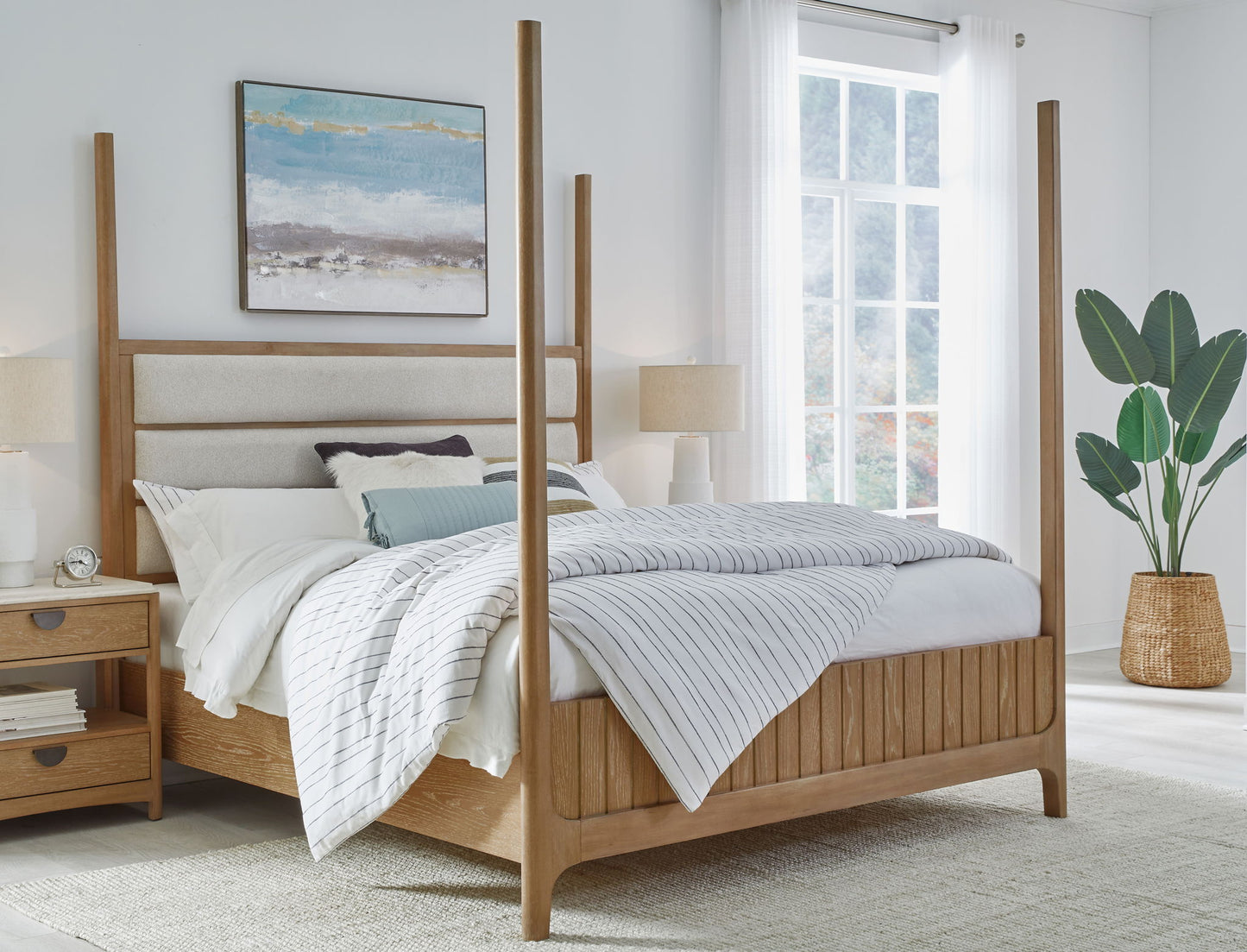 Escape - Bedroom King Poster Upholstered Headboard - Glazed Natural Oak / Mirage Mist