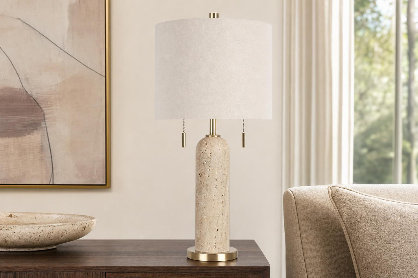 "Travertine Elegance" Travertine Table Lamp (Set of 2) - Travertine / Soft Gold