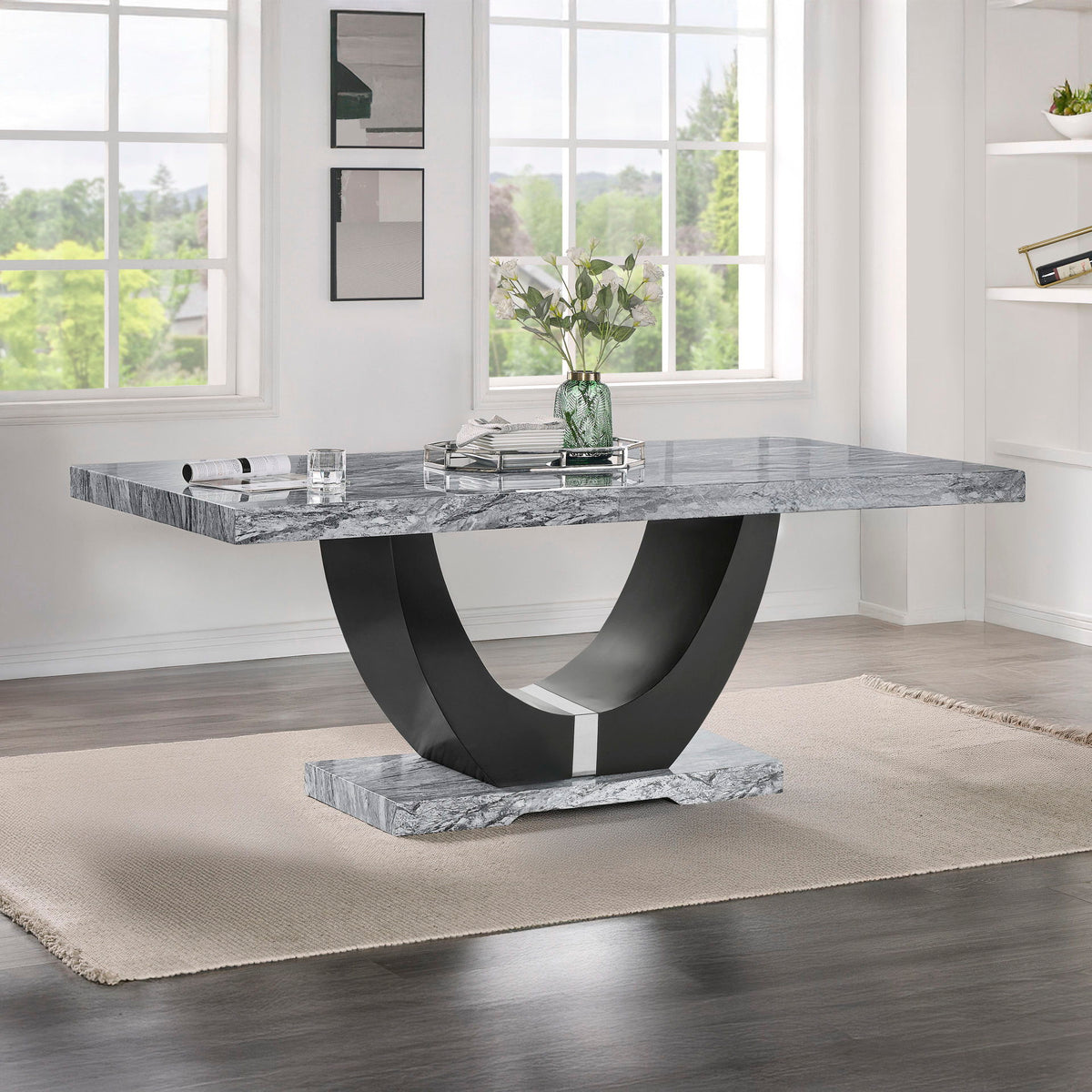 Lyra - Dining Table Top And Base Bottom - Gray Faux Marble