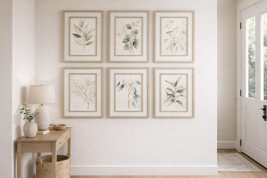 Quiet Botanical Print on Paper In Double Frame (Set of 6) - Beige / Green