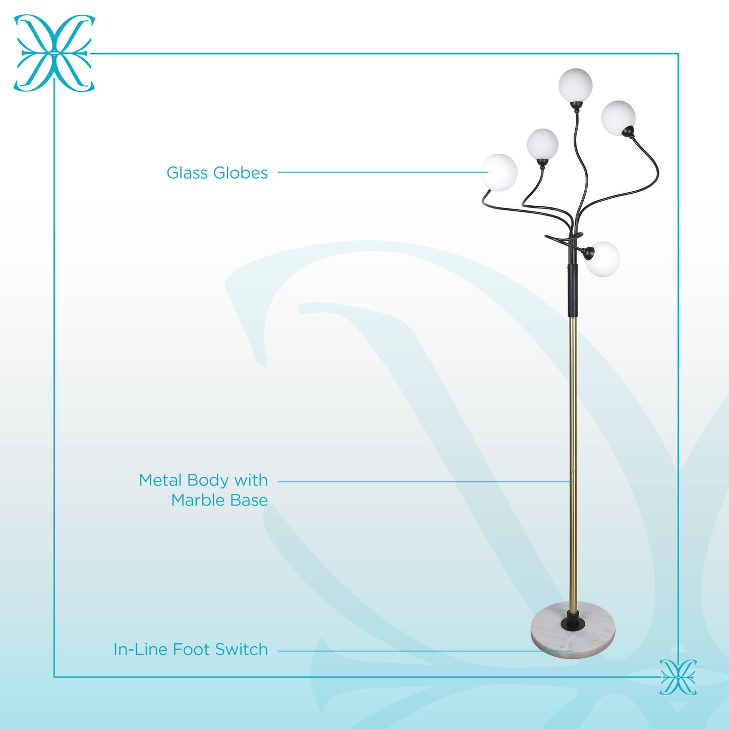"Celestial Branch" Metal Floor Lamp - Matte Black / White Frosted Glass / White Marble / Soft Gold