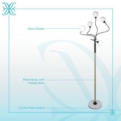 "Celestial Branch" Metal Floor Lamp - Matte Black / White Frosted Glass / White Marble / Soft Gold